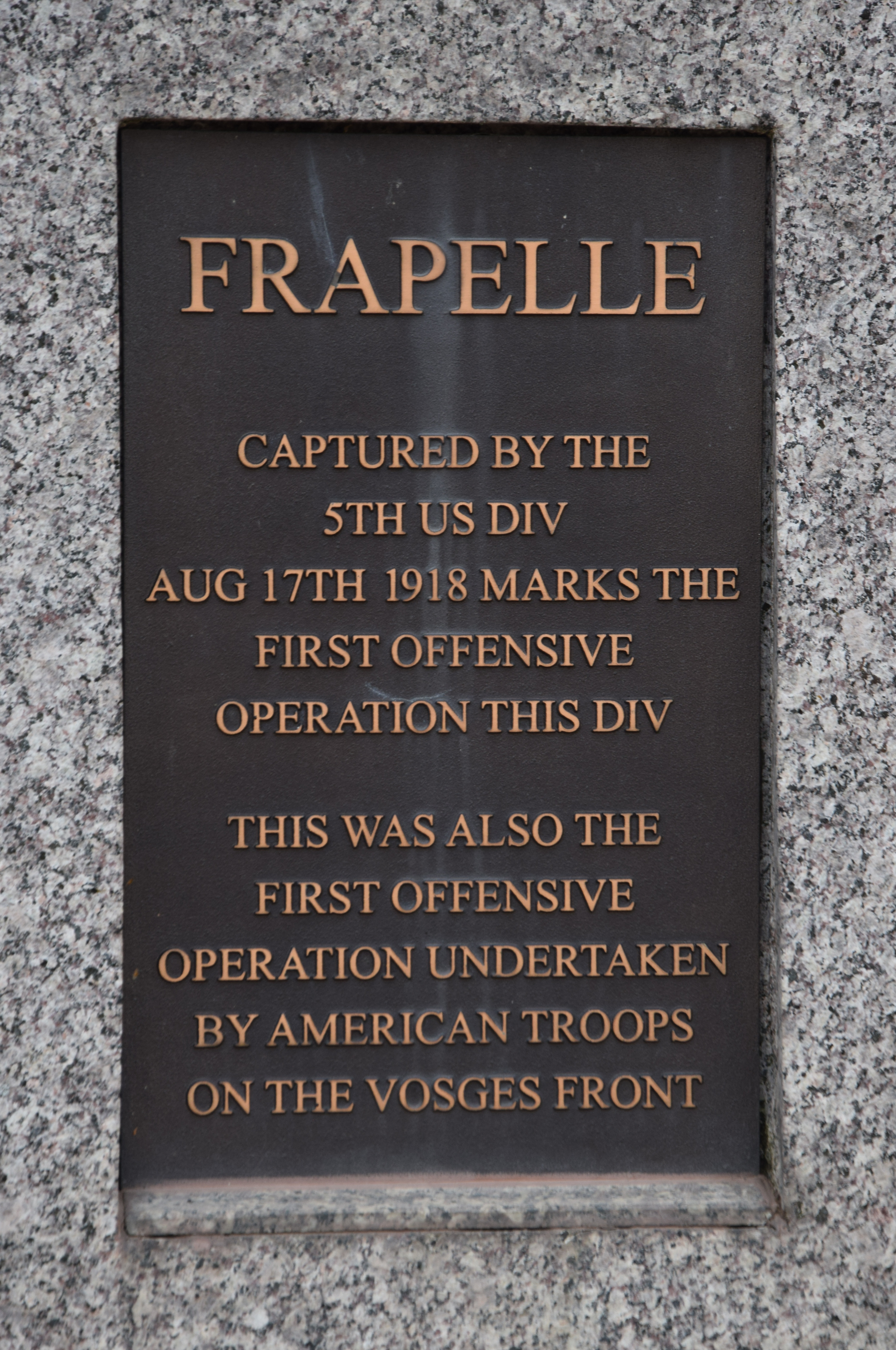 Plaque placed on the WWI Monument to the 5th ID in Frapelle, Vosges Mountains, France