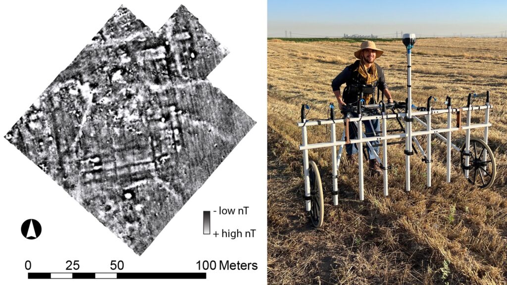 2024 Survey at Kurd Qaburstan, Photo of a man with a magnetometry cart in a barley field