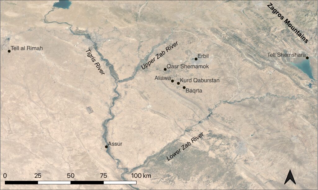 Regional map showing notable archaeological sites on the Erbil plain